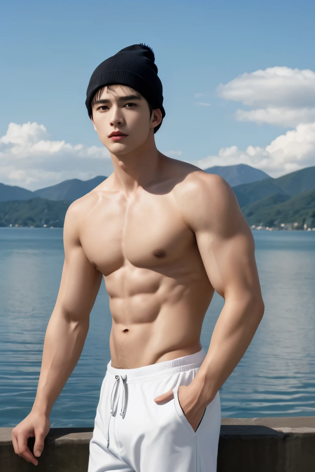 2 youth, (male) hot skin, masterpiece, best quality, most handsome men in the world, by Shen Quan, perfect body, beautiful male model, attractive man 22-27 years old aesthetic, field, on the lakeside, blue sky and white clouds, rough and handsome young man wearing light sweatpants, (with raise), black knitted hat, ((open top)), (male focus), ((smooth body)), look at each other, poster effect