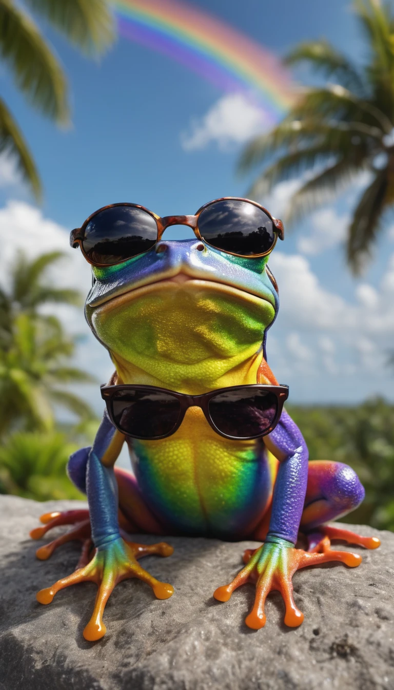 Super detailed photo of a rainbow colored frog wearing sunglasses under a tropical sky, daytime,|photographique, Realism is pushed to the extreme, Delicate texture, Lifelike, Movie, large format camera, Photorealism, DSLR camera, 8k ultra high definition, HDR, Super detailed, high quality, High contrast