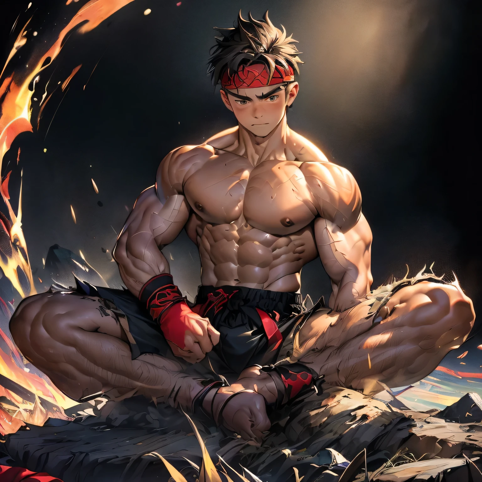 (Masterpiece, Best quality 19 year old boy, black background), solo, Young, boy, muscler, Shirtless, topless, (Dark Short straight hair, under cut, brown eyes), (torn clothes, red headband, ((black wristband))), Vivid colors, (hot Abs:1.2, abs!, big abs, big breast:1.2, chest!, muscler upper arms, clenched fist), (topless male), muscler!, muscler body, (aura power:1.4), detailed face, detailed muscle, (((A magical mystical aura, muay-thai pose, powerful, action, rippling muscles, fighting, concentrate)))