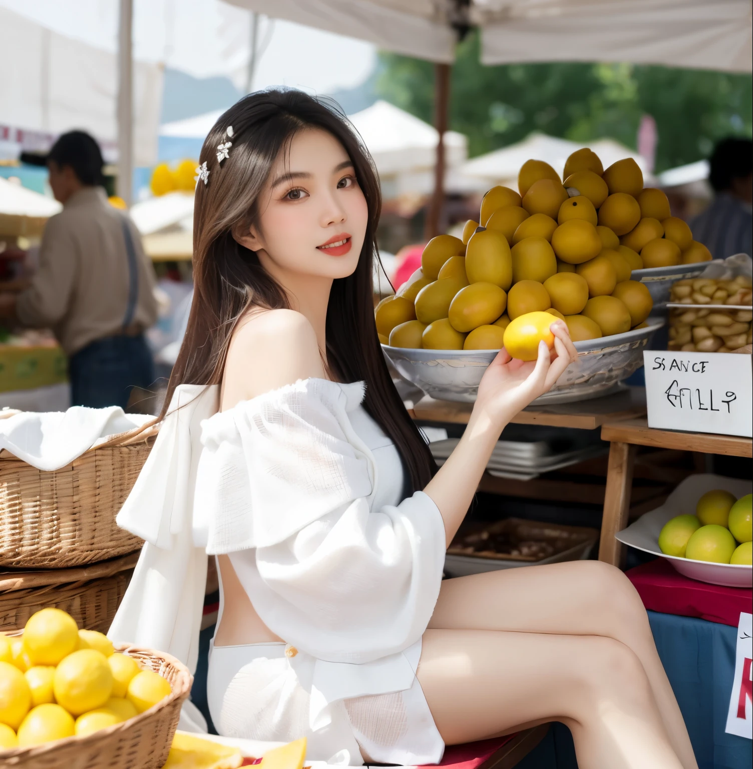 A charming and elegant Thai woman, dressed in a flowy off-shoulder top and a sheer white shawl, joyfully browsing through a variety of juicy mangoes at a lively flea market. The detailed rendering captures the essence of this scene, making it a feast for the eyes.