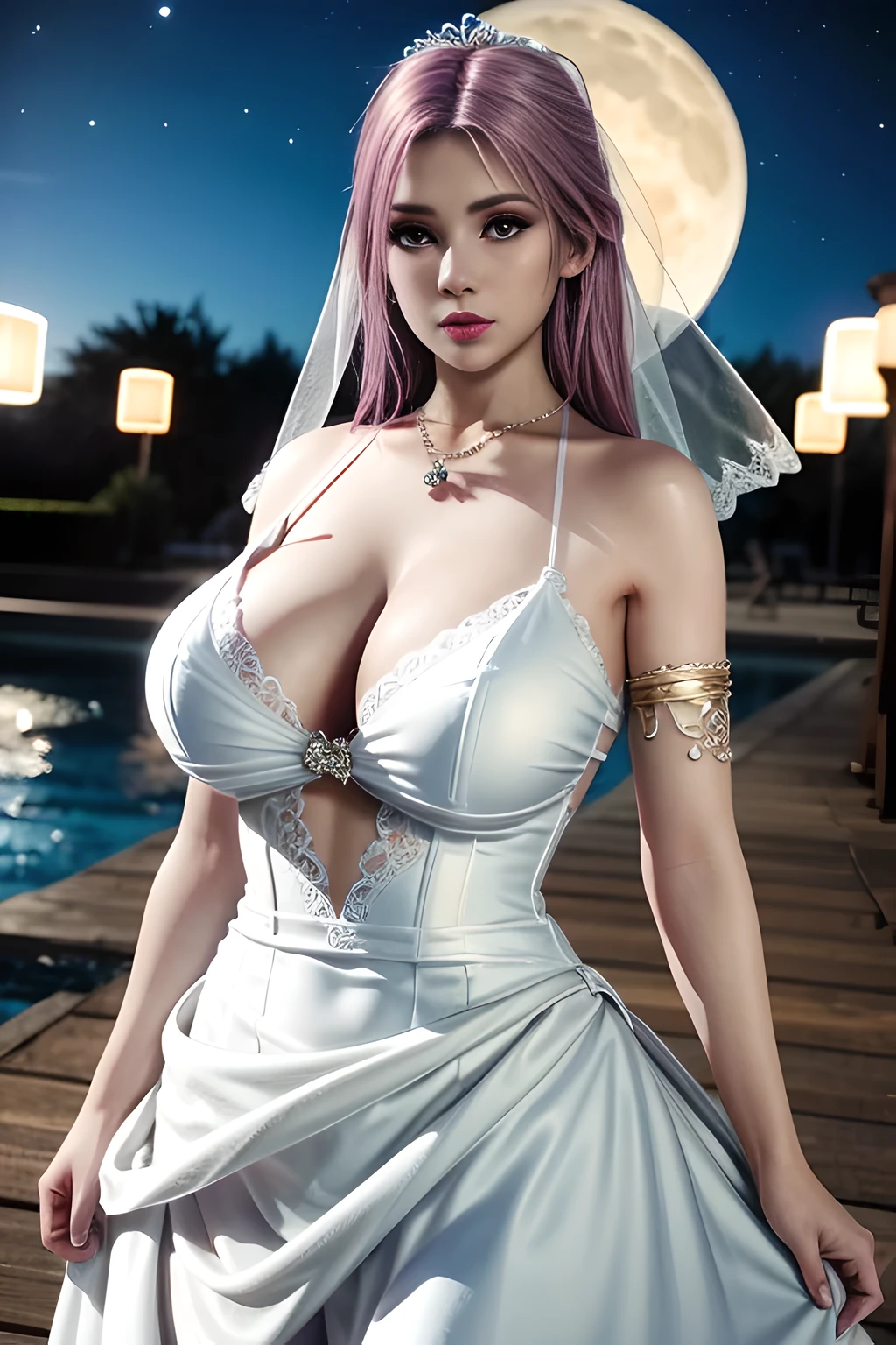 1 girl,standing posture,(( Short Wedding Dress, see-through)), outdoor,elegant,nighttime,moonlighe,shiny skin,( huge breasts:1.1), lip gloss,( tattoos:1.3), masterpiece, best quality, realistic ,Surrealism,,Rich artistic colors, 8K,soft shadows,Portrait art,solo, elise,