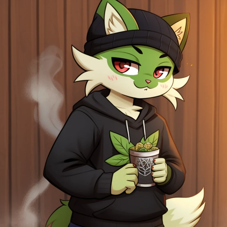 Sprigatito smokes weed with a beanie hat and gothic clothing, big 