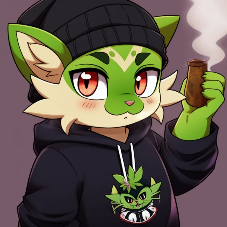 Sprigatito smokes weed with a beanie hat and gothic clothing, big