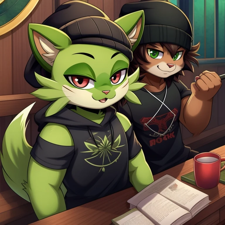 Sprigatito smokes weed with a beanie hat and gothic clothing, big