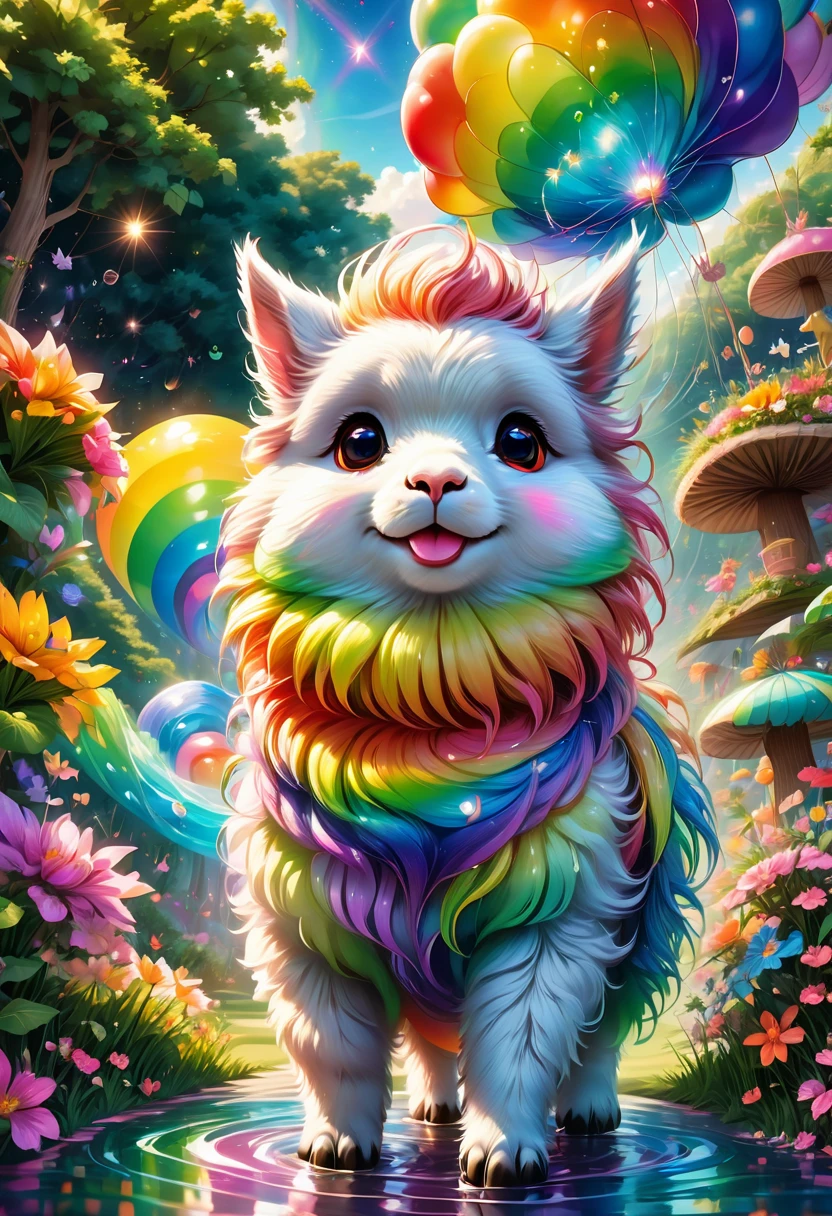 An Alpaca, aesthetic, (best quality,4k,8k,highres,masterpiece:1.2),ultra-detailed,(realistic,photorealistic,photo-realistic:1.37),alpaca,colorful,funny,quirky,adorable,lively,expressive,random activities,playful,curious,cheerful,friendly,cute face,fluffy fur,standing upright,humanlike gestures,sunlit field,rolling on the grass,sprinkling water,running in circles,chasing butterflies,eating flowers,dancing,jumping in puddles,exploring new places,making silly faces,licking its lips,basking in the sun,curled eyelashes,majestic in its playfulness,soft and warm gaze,rainbow-colored mane,whimsical imagination,giggling with joy,painting with its hooves,flying on a magical carpet,posing for a photoshoot,enjoying a picnic,toy box filled with surprises,balloon-filled sky,juggling balls,ice cream truck arrival,musical instruments playing on its back,hula hooping,balancing on a tightrope,reading a book,magical adventures,cookie baking in a treehouse,vibrant colors,glowing with happiness,sparkling stars surrounding it,spreading laughter and happiness to everyone.