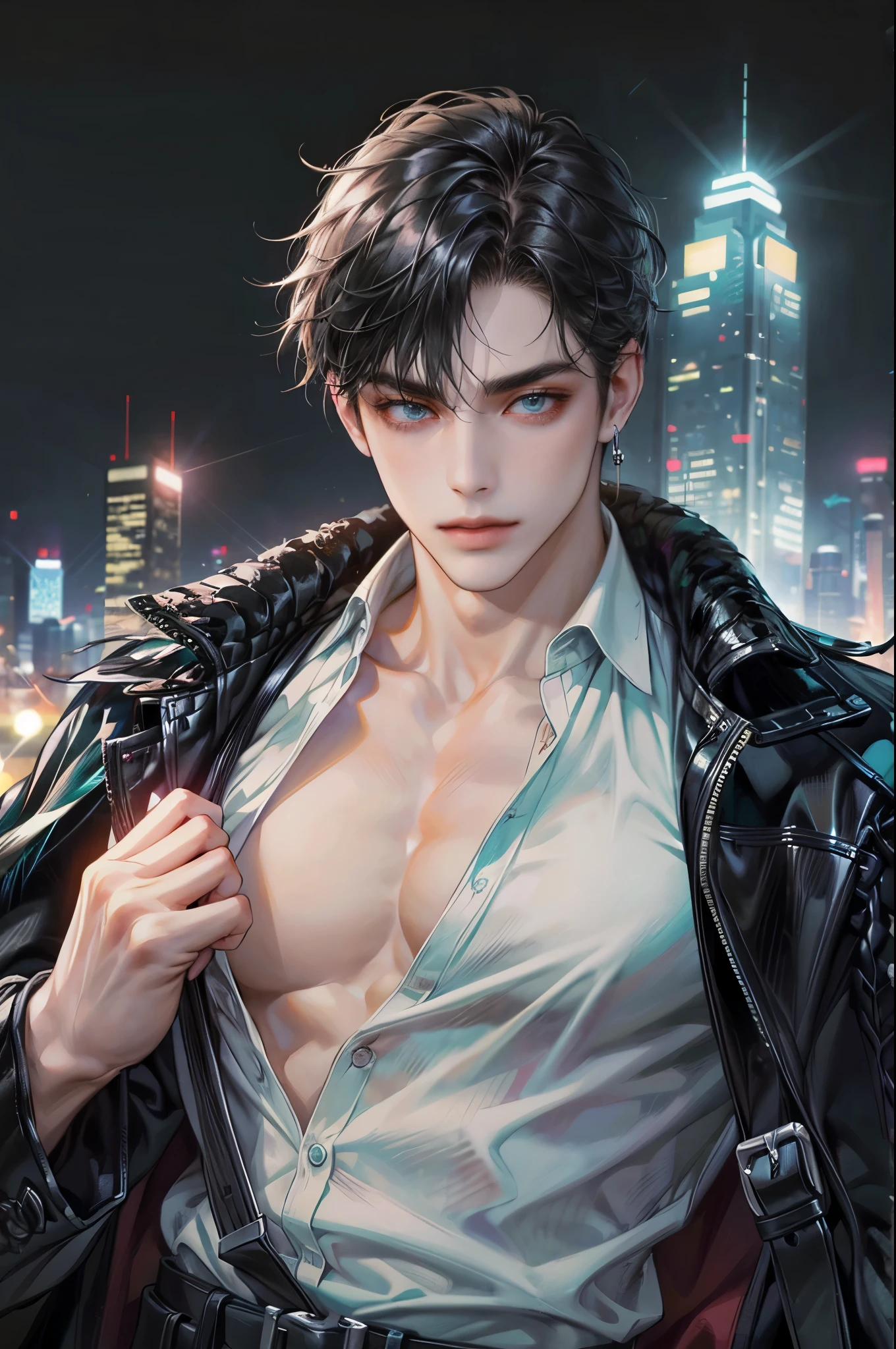 (absurdres, highres, ultra detailed, original character), 1 russian boy, solo, adult, handsome, ((tall muscular guy, broad shoulders)), finely detailed eyes, ((fluffy black hair)), hair between eyes, turquoise eyes, holographic, futuristic, casual outfit, black coat, gun holster, ((chest strap)), white shirt, ((wearing a black earring)), from waist, face focused, tower walled city scenery, dystopian hong kong city, skyscrapers, Cyan, Magenta, long face, closed mouth, looking at viewer, depth of field, bokeh