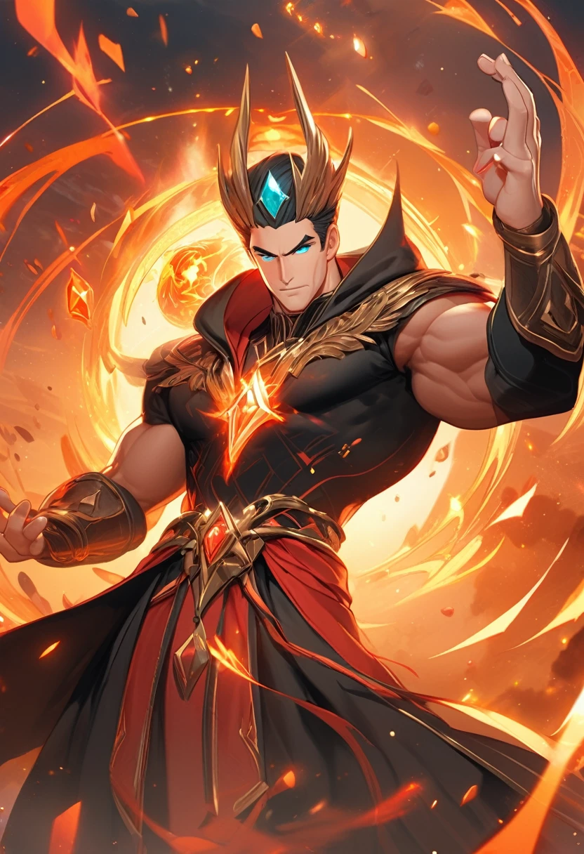 (absurdres, highres, ultra detailed), 1 male, mature, aged up, handsome, tall muscular guy, broad shoulders, very short hair, undercut, aquamarine eyes, finely detailed eyes and detailed face, extremely detailed CG unity 8k wallpaper, intricate details, (style-swirlmagic:0.8), portrait, looking at viewer, solo, (full body:0.6), dynamic pose, detailed background, madness in eyes, hovering in the air, necromancer, evil to the core, red clouds, casting a spell, fireball, hooded dark robe, dark circlet, underworld, warhammer theme, bringer of the false light, dark clouds, floating pieces of dirt, decadence, evil energy emanating, dark aura, broken shackles, , cowboy shot