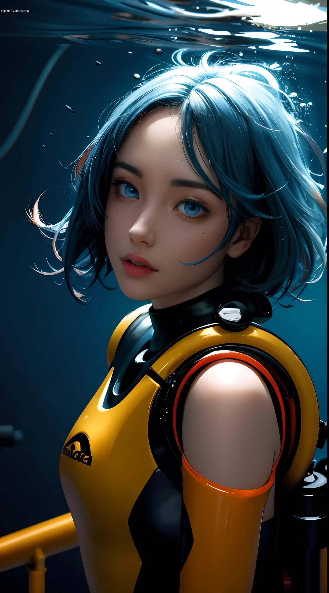 ​masterpiece, top-quality, ultra-detailliert, illustratio, 1girl in, solo, blue eyess, Amber hair, abyssal,Illuminate the seabed with lights Submersible boarding, short-hair, Diving suit,