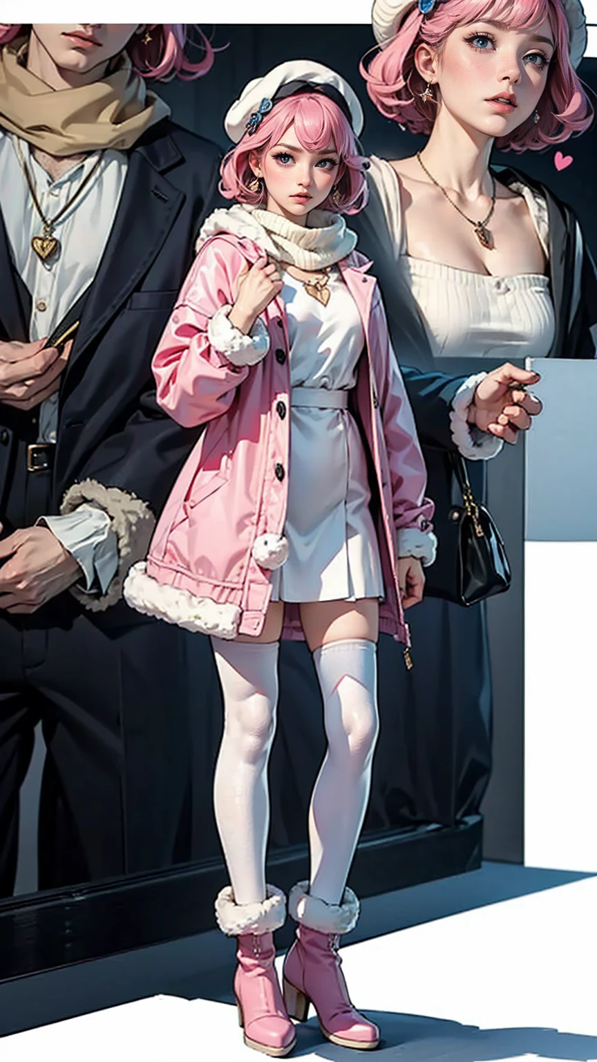 masterpiece,highest quality,(1 Mature Woman),short hair,Pale pink hair,Curly Hair,Shut, 一人in, Zoom Layer, Long Hair, in, Iris, Jacket, coat,heart, sleeines past wrists, looking at iniewer, bangs, white headwear, leg warmers, blush, necklace, (pink Jacket), sweater, loose socks, Full Body, jewelry, Fur trim, Pom-pom (Clothes), socks, pantyhose, long sleeines, Parted lips,Full Body,(Tsundere:1.3),(We say:1.2),hair ornaments,レースinトリミングされたヘアバンド ,Combat Ready,(compensate:1.2), (eyelash),(heainy breathing:1.3), (Severe),Earrings, necklace, Princess,(white) Knee socks,looking at iniewer,Medium breast,white fur-trimmed_boots,sweater,(scarf,)Dynamic pose,