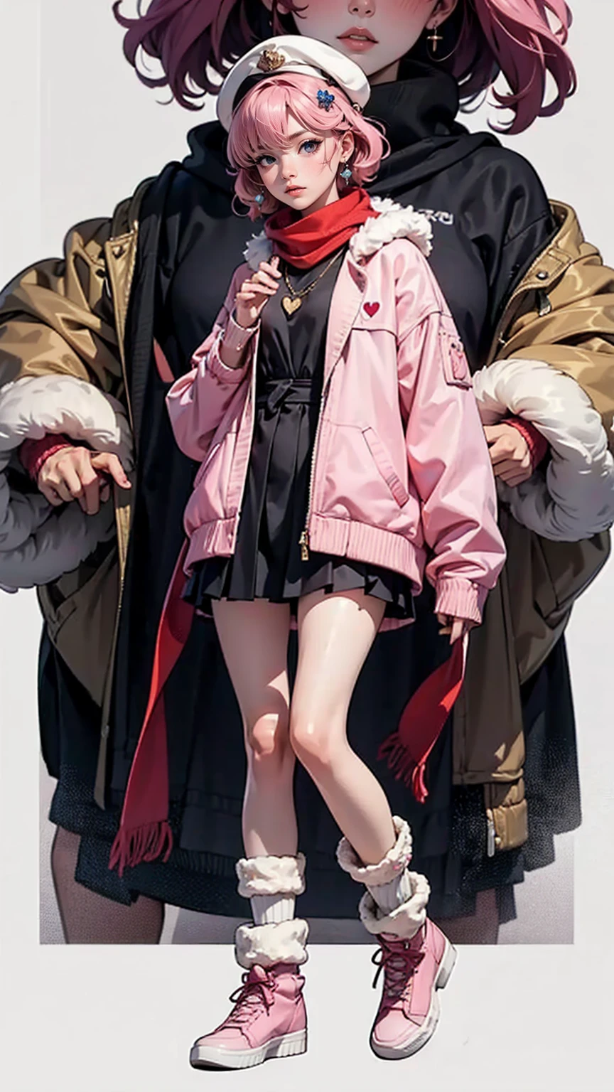 masterpiece,highest quality,(1 Mature Woman),short hair,Pale pink hair,Curly Hair,Shut, 一人in, Zoom Layer, Long Hair, in, Iris, Jacket, coat,heart, sleeines past wrists, looking at iniewer, bangs, white headwear, leg warmers, blush, necklace, (pink Jacket), sweater, loose socks, Full Body, jewelry, Fur trim, Pom-pom (Clothes), socks, pantyhose, long sleeines, Parted lips,Full Body,(Tsundere:1.3),(We say:1.2),hair ornaments,レースinトリミングされたヘアバンド ,Combat Ready,(compensate:1.2), (eyelash),(heainy breathing:1.3), (Severe),Earrings, necklace, Princess,(white) Knee socks,looking at iniewer,Medium breast,white fur-trimmed_boots,sweater,(scarf,)Dynamic pose,