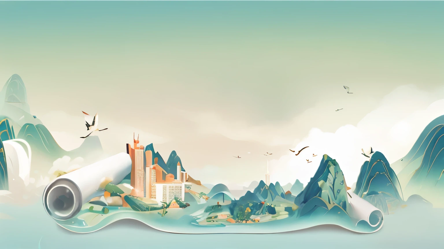 There is a picture of a city and a cannon on a hill, Detailed scenery —width 672, A beautiful artistic illustration, 4k hd wallpaper illustration, Surreal cityscape background, Landscape illustration, digital graffiti landscape, 4k hd illustration wallpaper, Digital illustration style, Flat illustration, future cityscape, Business Illustration, Outdoor tropical city view,Replace the building with the Shanghai Tower、Shanghai World Financial Center、Jin Mao Tower