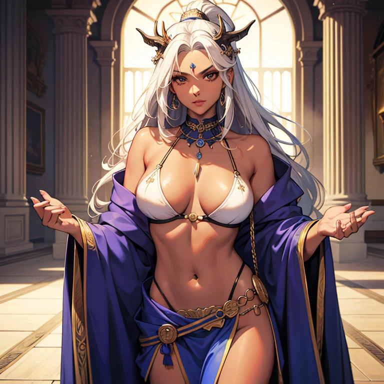 ((best quality)), ((masterpiece)), (detailed),High quality, Ultra detailed, best quality, insanely detailed, beautiful, masterpiece,
White hair, long hair, (tanned skin:1.3),woman,20s,shaman,DIONYSUS,cowboy shot
