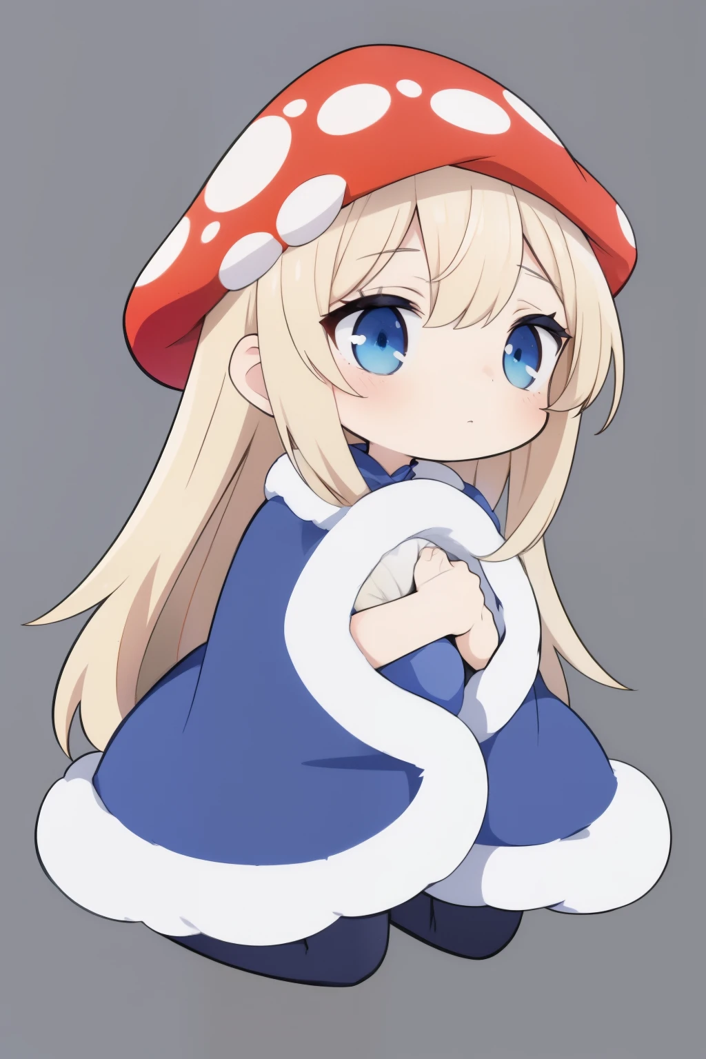 cozyblanket, chibi, simple background,Mushroom_Girl,red mushroom hat, blue eyes,blonde hair,crossed bangs