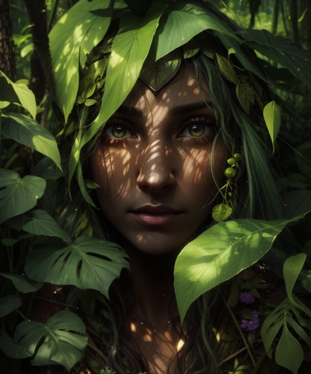 a digital painting of a woman with a leafy head, portrait of a dryad, dryad, beautiful elfo da floresta, elfo da floresta, forest dryad, deusa da floresta, the oracle of the trees, deusa druida, fada da floresta, deusa da natureza, dryad in the forest, natureza druida, tree druid, alma da floresta, mitologia da deusa da terra, retrato druida