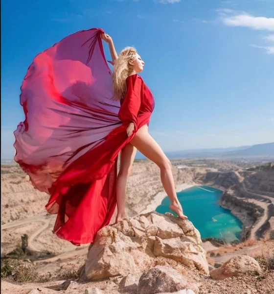 arafed woman in red dress standing on a rock with a red cloak, Girl dancing on the cliff, bright red cloak on her back, beth cavener, author:Alexis Grimou, long torn red cloak, long red cloak, red cloak, Flowing fabric, Wearing a beautiful red cape, stunning photo, Masha Krasnova, draped in Flowing fabric
