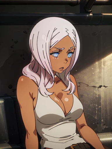 Imagine a stunning anime girl with tan skin, wearing a bikini top and cargo pants, lying on the floor in a state of starvation and discomfort. Her ribs are visible and her sweat glistens in the light, a range of styles and variations to choose from for this stylistic rendering.
