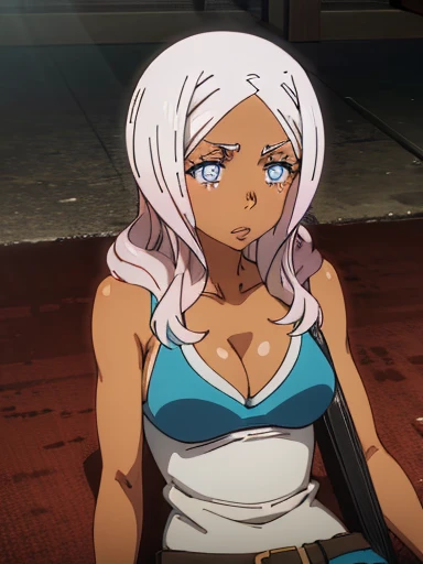 Imagine a stunning anime girl with tan skin, wearing a bikini top and cargo pants, lying on the floor in a state of starvation and discomfort. Her ribs are visible and her sweat glistens in the light, a range of styles and variations to choose from for this stylistic rendering.