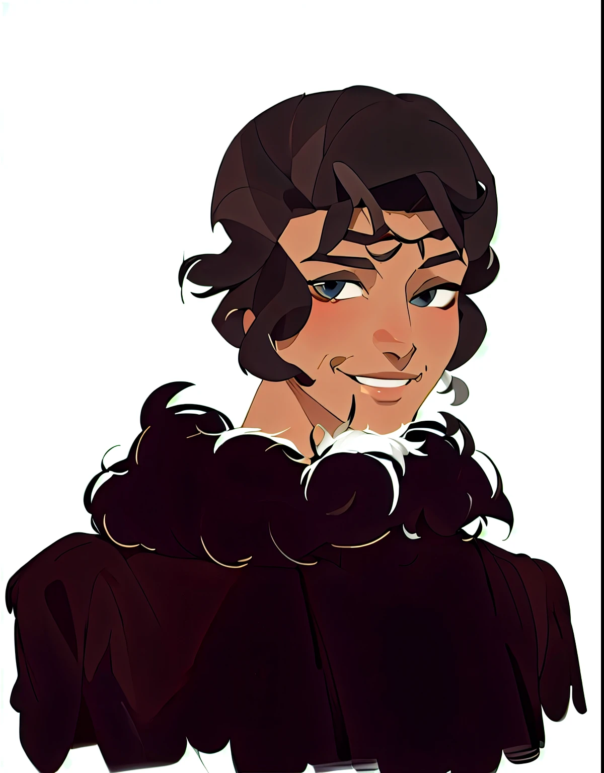 Man, dark skin, Shchitina, dark hair, dark eyes, dark fur coat, smiling