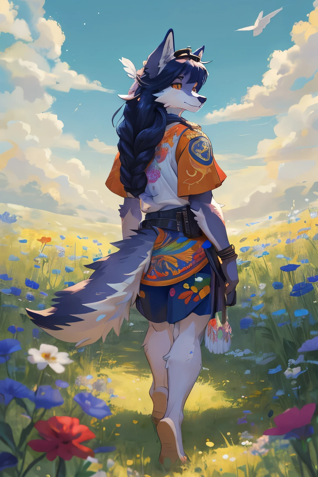 Personaje de anime con una camisa blanca, an anthropomorphic female hippie wolf, sexy, arte antro, high resolution sexy custom, butt, makoto shinkai (Sgt. Peppers), una loba antro, arte peludo muy, muy hermosa, como personaje de overwatch, arte fursona, retrato de personaje peludo, fursona vistiendo ropa hippie, oc commission. Walking on the grass in the countryside, con flores y muchos colores