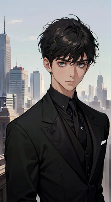 ((a young man in a black suit and tie)), taken in the early 2020s, gotham, alejandro, he looks very sophisticated, (((left side swept bang black short hair))), (dark green eyes and thick eyebrows), smirk. ((20 years old)), ((Black suite and black tie)), masterpiece, posture dynamic, one person,