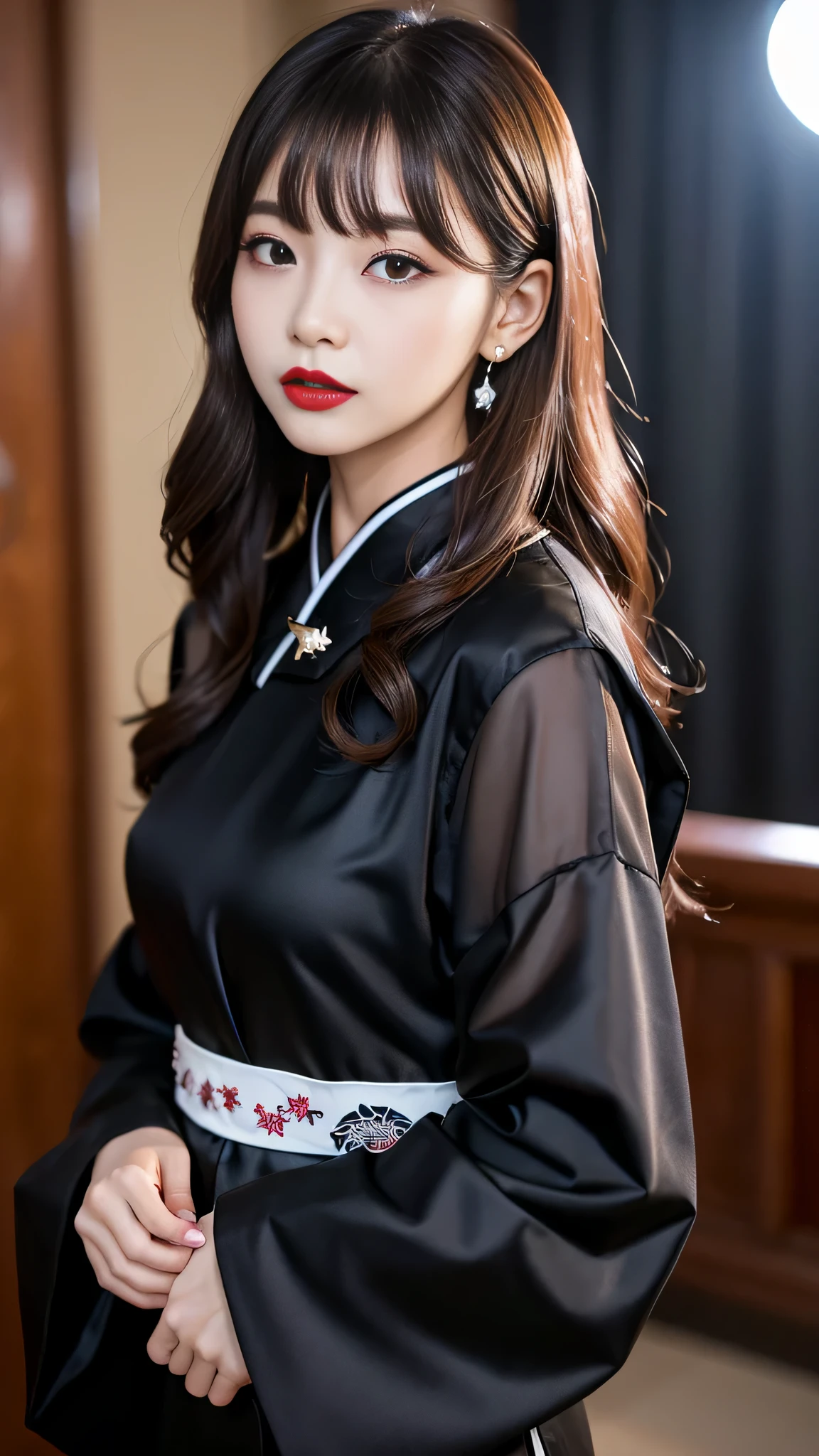 tra-detailed、Japanese、Attractive beauty、seductive adult woman、Pretty Woman、cool girl、brown hair、wavy hair、swept bangs、piercing eyes、hollow eyes、half-closed eyes、Hollow Eyes、black lipstick、black lip gloss、dark makeup、smirk、Whisper in my ear、Evil expression、Long Black Cheongsam、Black wide sleeves、Evil cadres、Fallen into evil、brainwash、mind control、evil、Church at night、Swear allegiance、Have lipstick、Are standing
