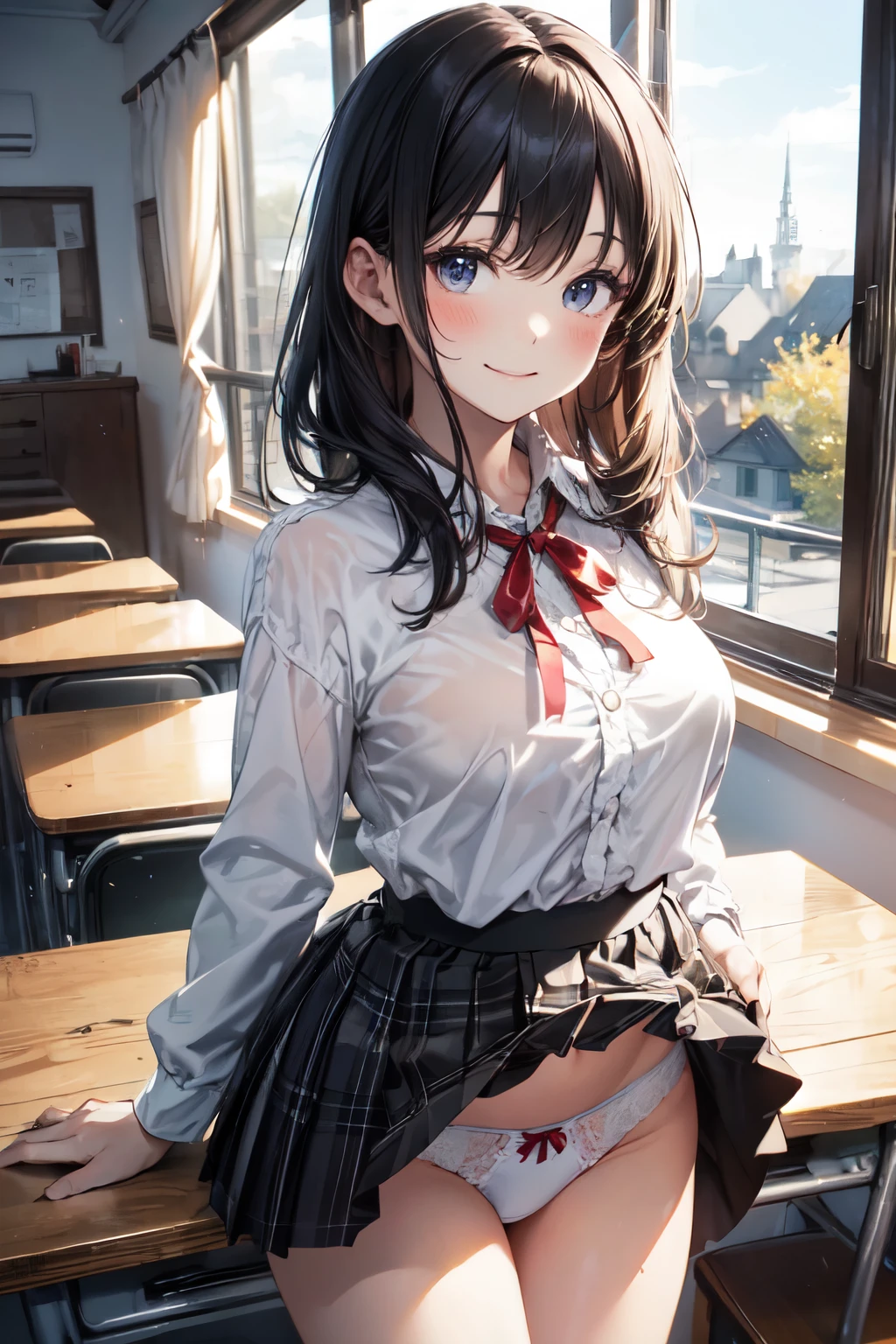 very cute and beautiful girl,(highly detailed beautiful face),
(smile),blush,black hair,white blouse,ribbon,(pleated plaid mini skirt),standing,(skirt lift,white panties),
wooden classroom,window,distant trees and town,
(best quality,masterpiece:1.0),absurdres,highres,ultra-detailed,extremely detailed,32k,8k resolution,
intricate details,cinematic scene,detailed background,solo,dynamic angle,realistic,