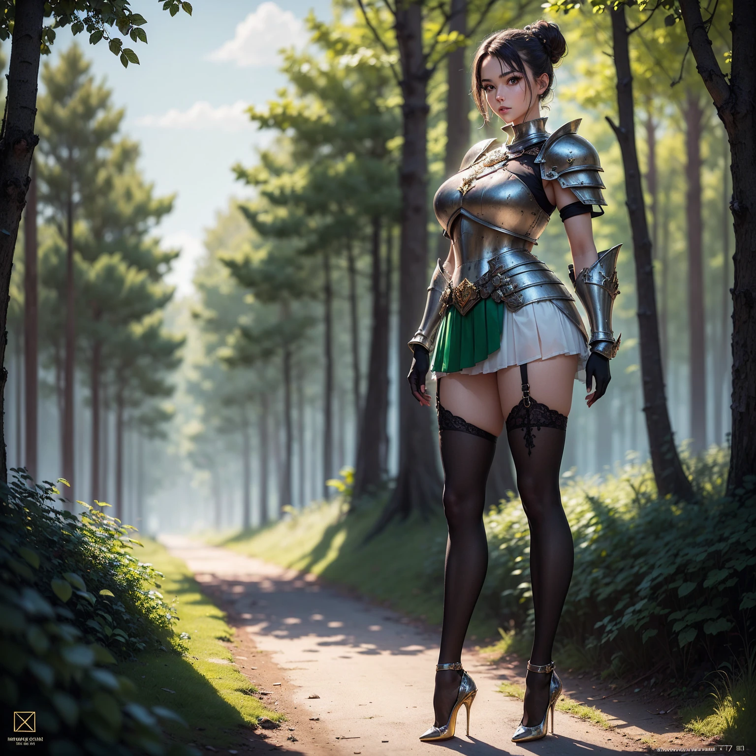 (A tall girl with long legs and slender body), (standing pose), (body facing to the viewer), (centered image), (short hair), (tall body), (slender body), (tutututu), (high heels:1.3), (full big breasts), (big round breasts), (1 girl), (solo), (sexy body), (black updo:1.2), (steel armor:1.1) royalty ornate (embroidery:0.5), skinny (Gorget Plackart pauldron :1.3), (black gloves), (white lace stockings), (mini skirt with green colors), (transparent skirt), (masterpiece:1.5) (illustration:1.1) (best quality:1.5) (extremely detailed) (intricate) (8k) (HDR) (cinematic lighting) (bright lighting) (sharp focus), standing, outdoors, grassland, forest in background, perfect lighting, smooth, hdr