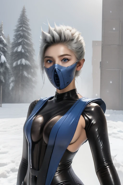 Frost, blue eyes,   mouth mask,  spiked hair, 
 fingerless elbow gloves, bodysuit,  pelvic curtain ,  blue attire, 
standing,  upper body, 
dojo, snow, solo,  
(insanely detailed, beautiful detailed face, masterpiece, best quality) 