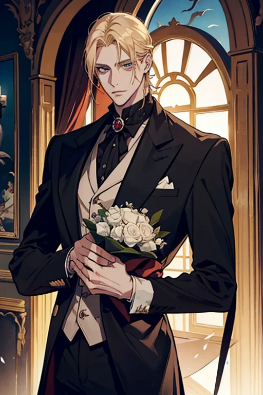 anime, corpo todo, um homem com longos cabelos loiros e um casaco verde, alucard, Castelvânia, handsome androgynous prince, magical blonde prince, delicate androgynous prince, handsome vampiro masculino, arte casimiro, anime homem bonito, Arte principal do anime, O vampiro, capa selvagem, johan liebert misturado com alucard, vampiro masculino, olhos vermelhos, rosto masculino detalhado de 30 anos