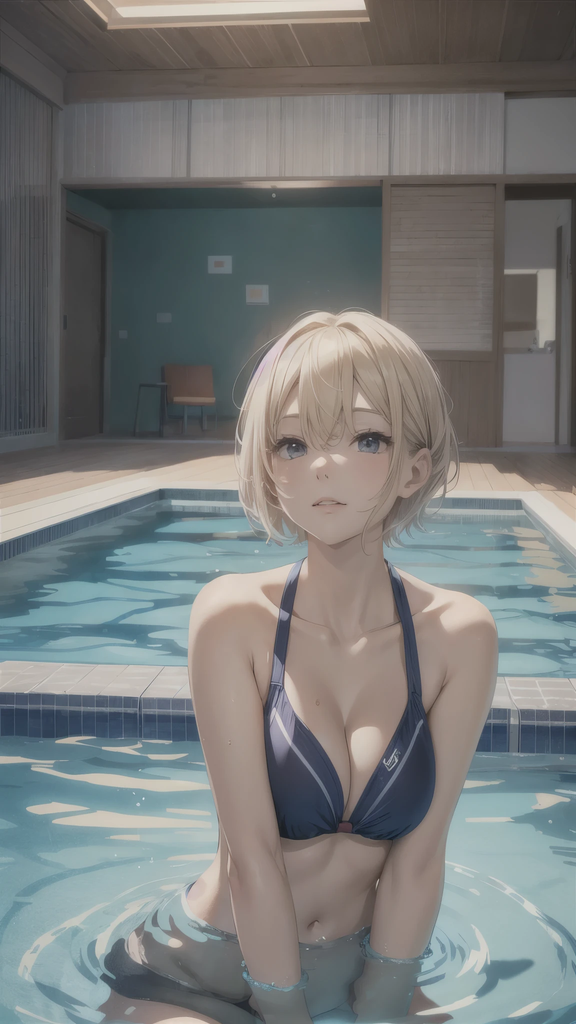 Inside the pool rooms,luminal space,one 20years old woman,blonde short hair,sitting on the pool side,
