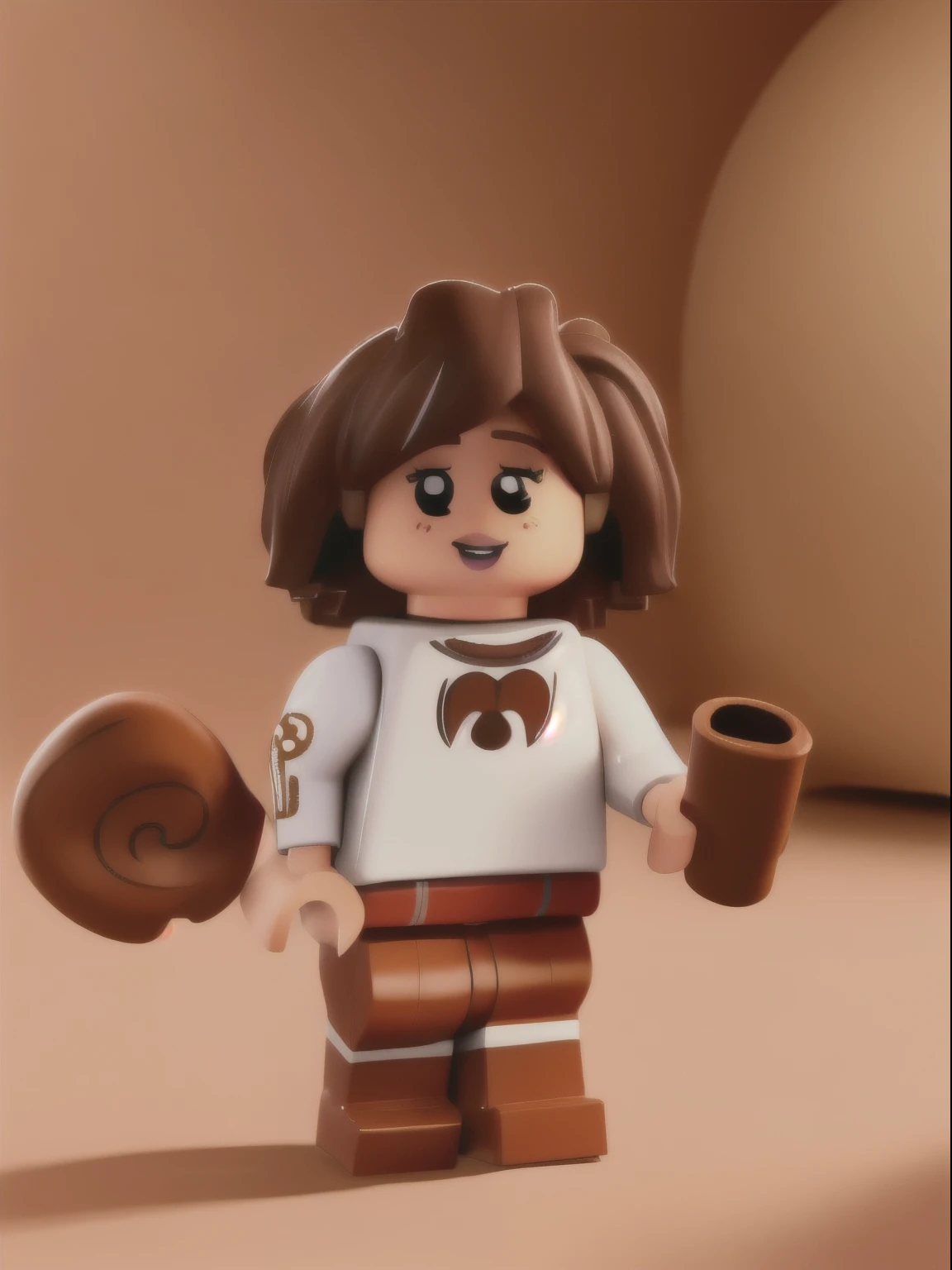 LEGO MiniFig, brown haired girl with a mole next to her eye and a white shirt, masterpiece, high detail, 8k, 8k uhd, high quality