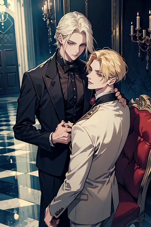 anime, corpo todo, um homem com longos cabelos loiros e um casaco verde, alucard, Castelvânia, handsome androgynous prince, magical blonde prince, delicate androgynous prince, handsome vampiro masculino, arte casimiro, anime homem bonito, Arte principal do anime, O vampiro, capa selvagem, johan liebert misturado com alucard, vampiro masculino, olhos vermelhos, rosto masculino detalhado de 30 anos