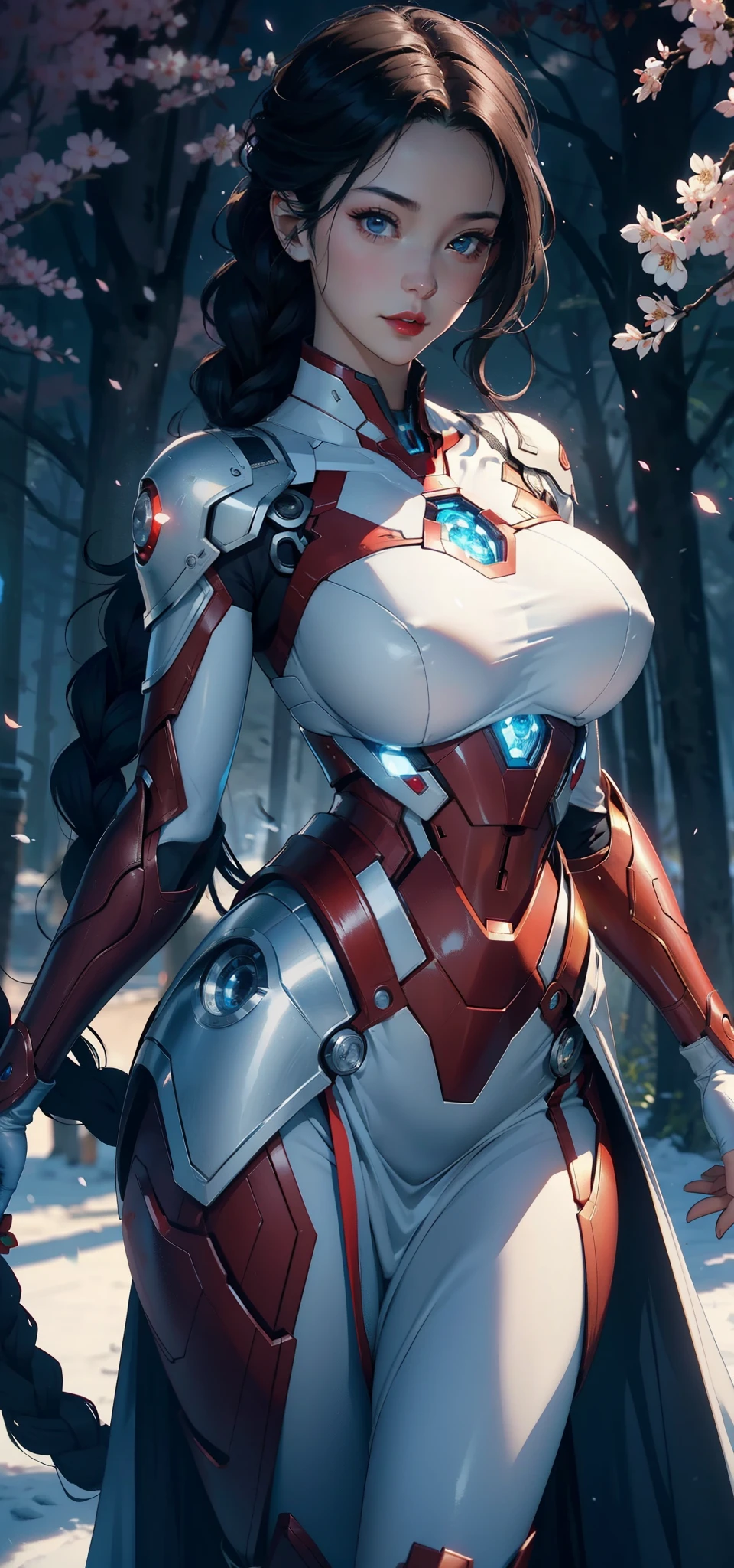 1 female，35 years old，Slim，very big ，Big breasts and thin waist，Long legs， Solitary，（background：，Cherry blossom forest，Rainforest）running， She has short black hair，Front view， twisted braid cloudy sky，（（（masterpiece），（Very detailed CG unified 8K wallpaper），best quality，Light，详细background，Beautiful and delicate eyes，Smart pupils，black eyes，Snow-white skin，Red lips（very delicate and beautiful），（Beautiful and detailed description of the eyes），Ultra Detailed，masterpiece，））Facing the camera，high resolution，Ultra Detailed），nude，Wear a futuristic Iron Man suit，Blue and red color scheme，chivalrous costume