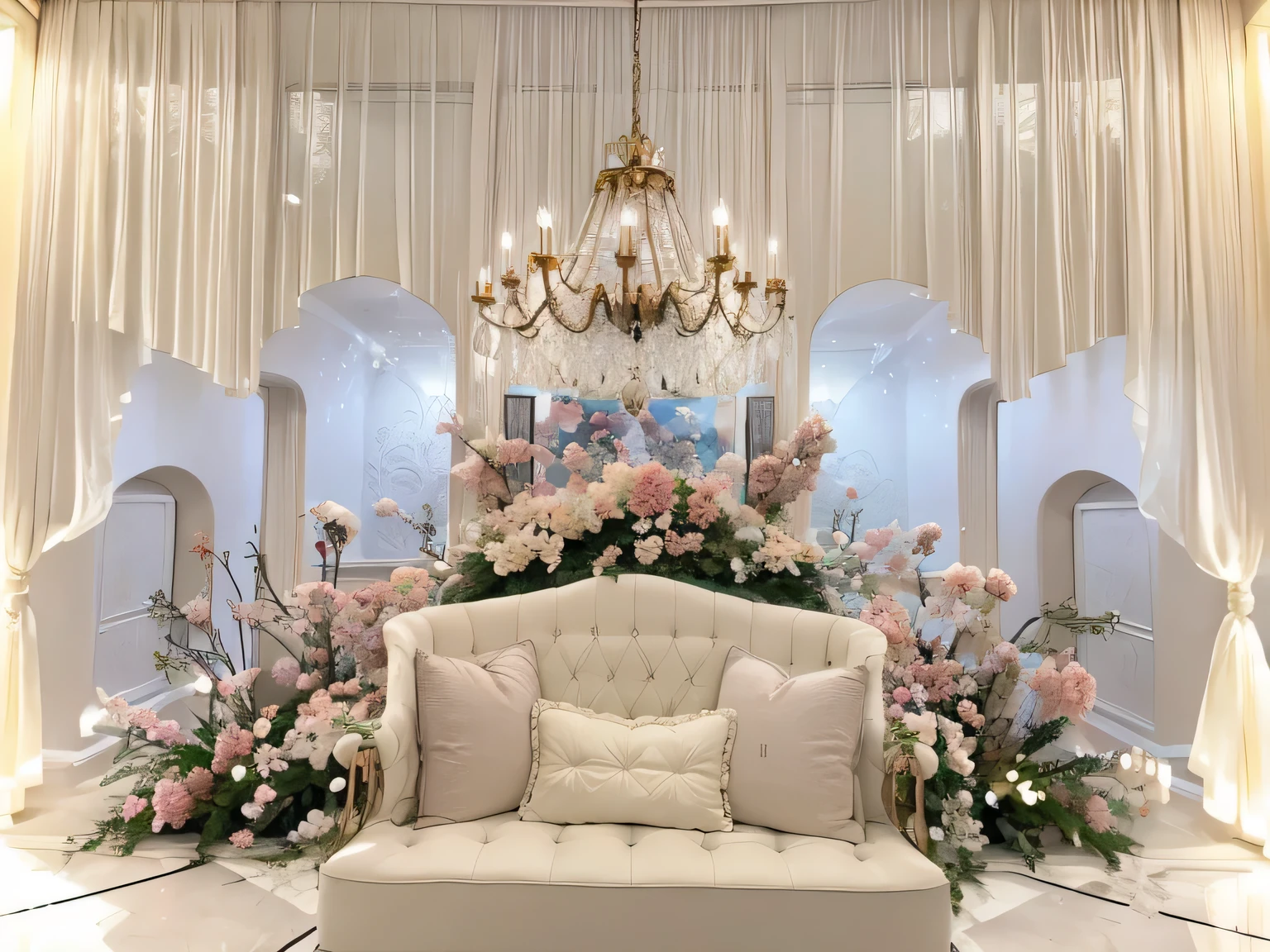 ,masterpiece, best quality,8k, ultra highres,In this home full of surprises,The decoration effect is fascinating,It's like being in a fairytale world。Through large floor-to-ceiling windows,A magnificent picture of the courtyard is greeted。The courtyard is full of greenery and delicate stone carvings,It's like being in a beautiful wonderland。inside in room,Soft lighting shines through the crystal chandeliers,Decorate every corner of your home to be picturesque。Comfortable sofas and plush carpets provide the ultimate relaxation experience,Let the tired body and mind seem to be integrated into boundless warmth。In this home,Whether it's entertainment、Work or recreation,All can feel the intoxicating luxury atmosphere。