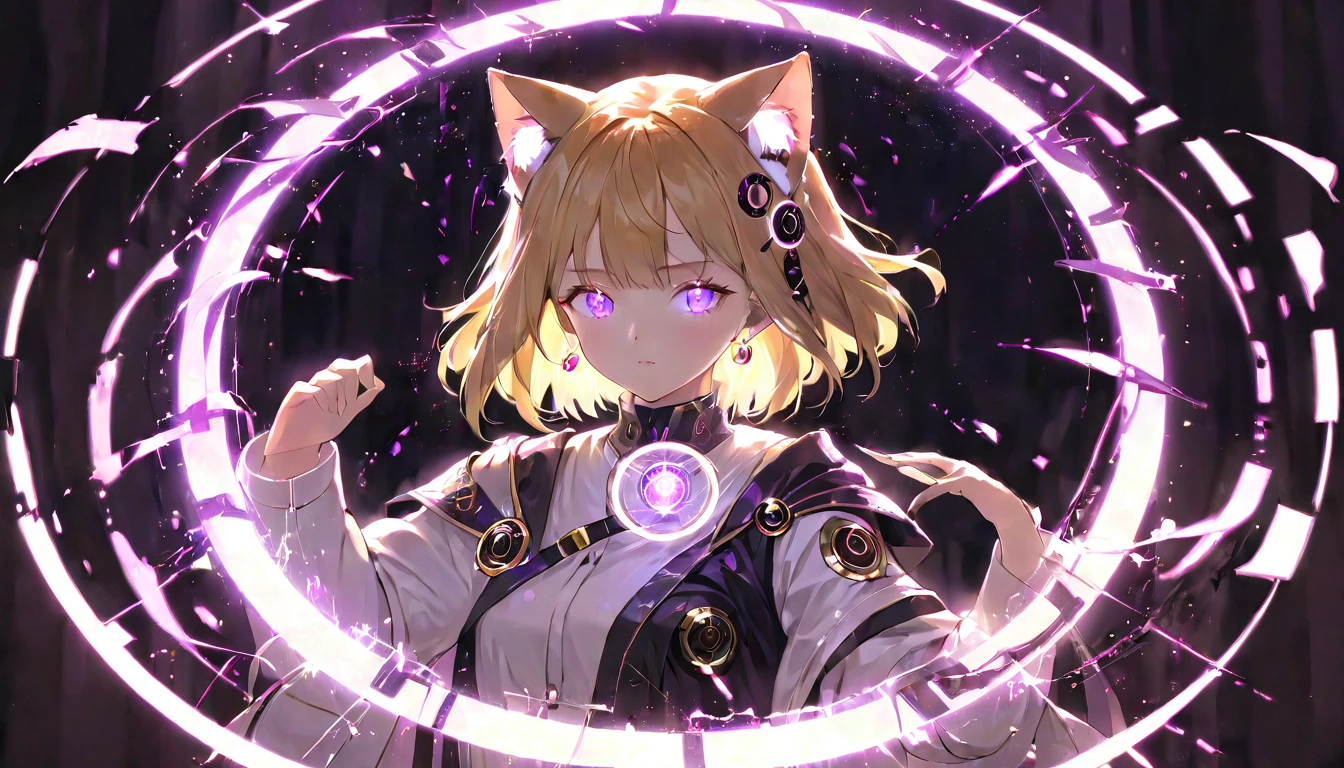 (masterpiece, best quality, very aesthetic, absurdres,general) , destroy,Cat ear,clear eyes,artificial intelligence,Glowing magic circle,(Shining middle woman:1.5)