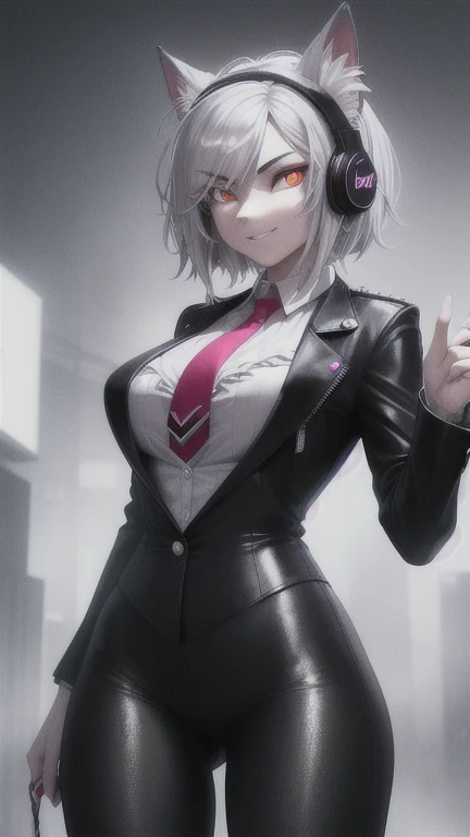 A sehr detailliert portrait of a solo wolf girl standing on a street corner, (anthro, pelzig, Schnauze:1.2), Schnurrhaare, during a rainstorm with lightning strikes and a cloudy sky, Neon- und Cyberpunk-Hintergrund, She wears punk clothes with silver chains and silver spikes, She has a butterfly wing hair clip in her wild hair, she wears headphones and a tie, , detailed glowing red eyes with distinctive students, ominous aura halo, smile, punk, cyberpunk, Hintergrundbeleuchtunging, Meisterwerk, best quality, komplizierte Details, absurdesten, RAW color photo with high detail resolution, sehr detailliert, grelles Licht, filmisch lighting, detaillierte Augen, distinctive students, Kontrast, hartes Licht, gigapixel, 8k resolution, nice, filmisch, elegant, hyperrealistisch, octane render, unwirklich, High Resolution, 8k resolution, sehr detailliert, 8k uhd, Professionelle Beleuchtung, Photonenmapping, Radiosity, Physikalisch basiertes Rendering, award-winning photography, detailliertes Gesicht, Hintergrundbeleuchtung, ultrarealistisch, Raytracing, intensiver Blick, filmisch lighting