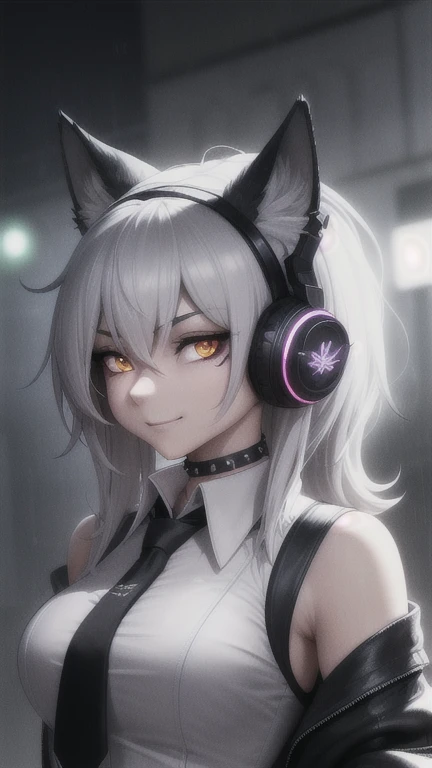A sehr detailliert portrait of a solo wolf girl standing on a street corner, (anthro, pelzig, Schnauze:1.2), Schnurrhaare, during a rainstorm with lightning strikes and a cloudy sky, Neon- und Cyberpunk-Hintergrund, She wears punk clothes with silver chains and silver spikes, She has a butterfly wing hair clip in her wild hair, she wears headphones and a tie, , detailed glowing red eyes with distinctive students, ominous aura halo, smile, punk, cyberpunk, Hintergrundbeleuchtunging, Meisterwerk, best quality, komplizierte Details, absurdesten, RAW color photo with high detail resolution, sehr detailliert, grelles Licht, filmisch lighting, detaillierte Augen, distinctive students, Kontrast, hartes Licht, gigapixel, 8k resolution, nice, filmisch, elegant, hyperrealistisch, octane render, unwirklich, High Resolution, 8k resolution, sehr detailliert, 8k uhd, Professionelle Beleuchtung, Photonenmapping, Radiosity, Physikalisch basiertes Rendering, award-winning photography, detailliertes Gesicht, Hintergrundbeleuchtung, ultrarealistisch, Raytracing, intensiver Blick, filmisch lighting