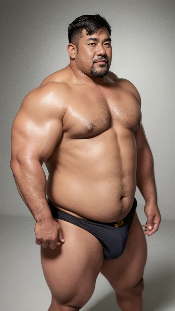 black hair, middle-aged man, individual, male, Muscular wrestler, muscular, Stout wrestler, Asian, Japanese, uncle, 55 year old middle-aged man, short hair, short hair, yellow wrestling boots, full body portrait, shadow, Vision, yellow briefs, obesity, 45 years old, short beard, middle-aged man, tattoo, fingerless gloves, Wheat skin, shiny skin, dark skin, Show your pectoral muscles, sumo wrestler, bodybuilder, wide temples, Visible abdominal muscles, Smile, Fine hands, solid color background, pure white background, Surrealism, Panorama, 8k, super detail,