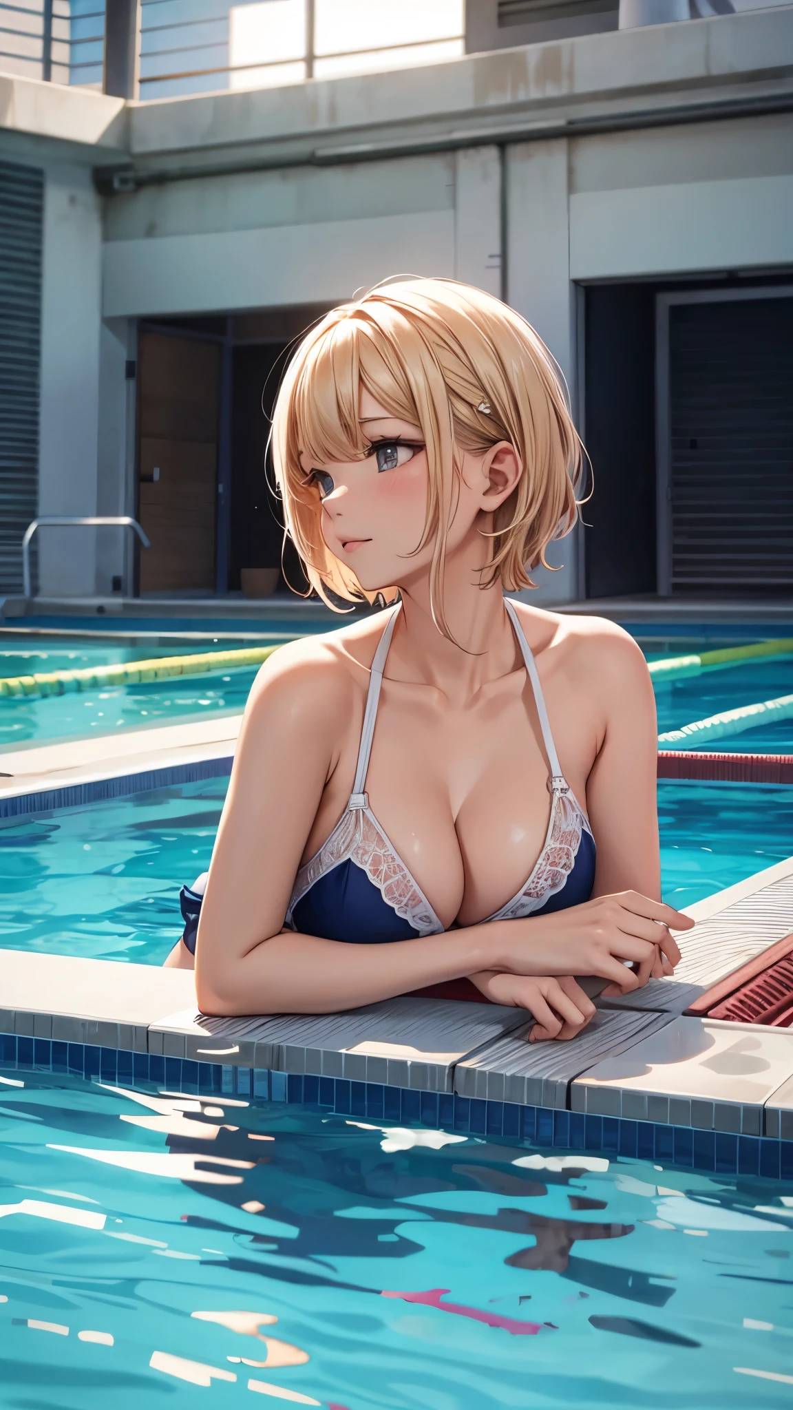 Inside the pool rooms,luminal space,one 20years old woman,blonde short hair,sitting on the pool side,