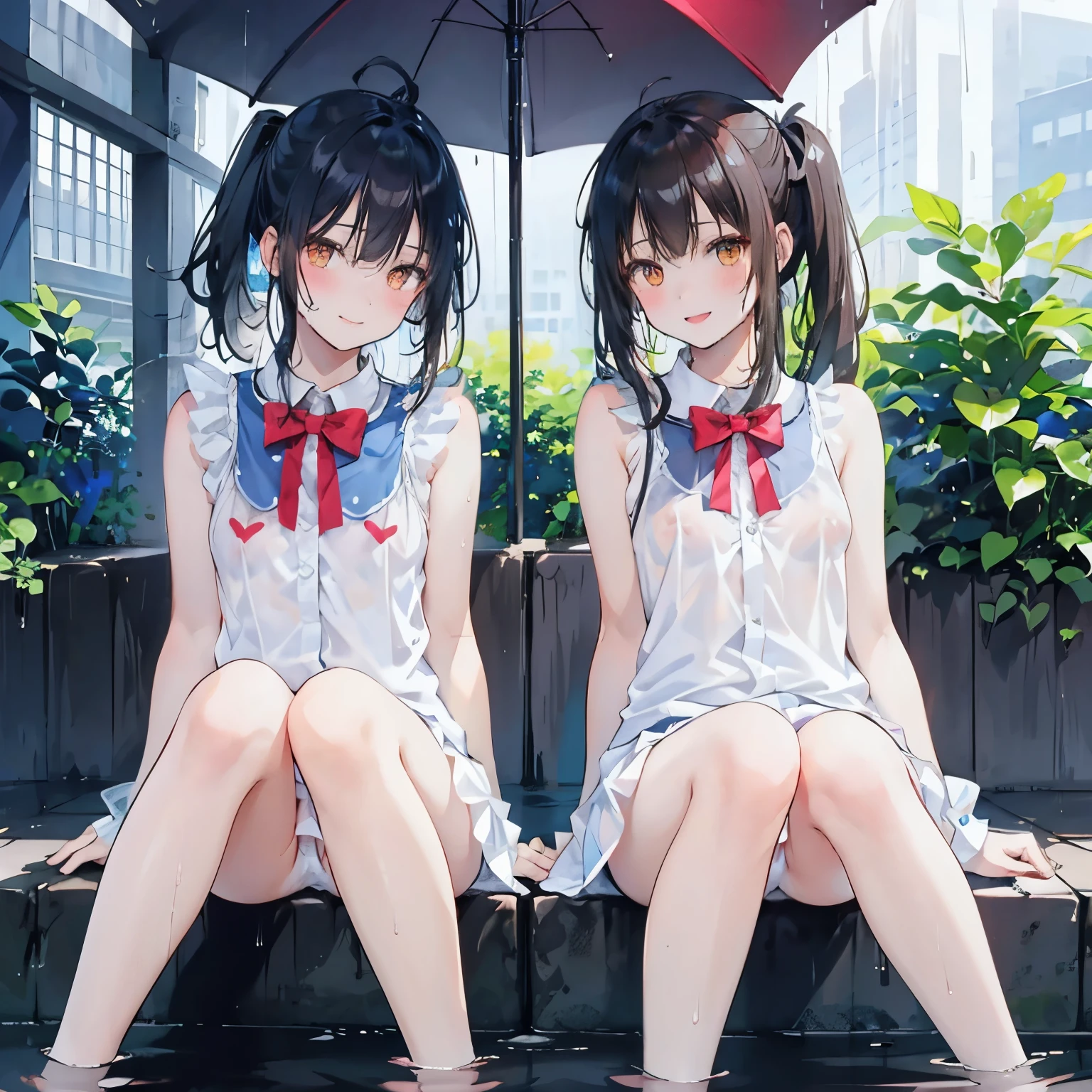 realistically, 2 girls, twin tails, 1 ponytail, brown eyes, glowing eyes, white short skirt, Blush, daytime, Wet from the rain, see through, sleeveless shirt, nipples, Sit with your knees raised., pussy, crotch, naked, smile