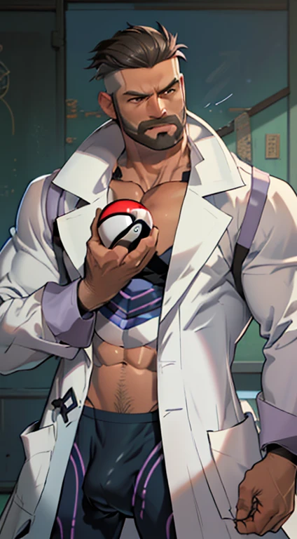 (masutepiece, Best Quality:1.2), Cowboy Shot, Solo, Male Focus, 1boy, Pokemon Touro, Closed mouth, Looking at Viewer, (holding a pokeball one one hand), Open clothes, ((labcoat)), ((micro bikini))、lean muscle guy, burly, hunk, Hot, big shoulders, musculature、 (hyperdetailed face), smirking, standing on a green hill, bright sunlight, (erection under clothes:1.4),