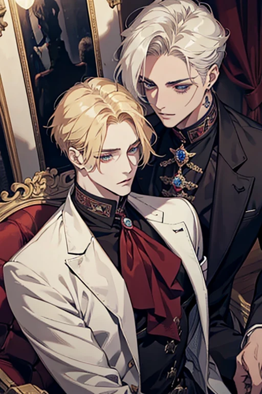 anime, corpo todo, um homem com longos cabelos loiros e um casaco verde, alucard, Castelvânia, handsome androgynous prince, magical blonde prince, delicate androgynous prince, handsome vampiro masculino, arte casimiro, anime homem bonito, Arte principal do anime, O vampiro, capa selvagem, johan liebert misturado com alucard, vampiro masculino, olhos vermelhos, rosto masculino detalhado de 30 anos