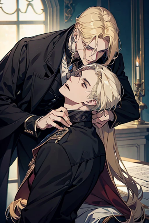 anime, corpo todo, um homem com longos cabelos loiros e um casaco verde, alucard, Castelvânia, handsome androgynous prince, magical blonde prince, delicate androgynous prince, handsome vampiro masculino, arte casimiro, anime homem bonito, Arte principal do anime, O vampiro, capa selvagem, johan liebert misturado com alucard, vampiro masculino, olhos vermelhos, rosto masculino detalhado de 30 anos