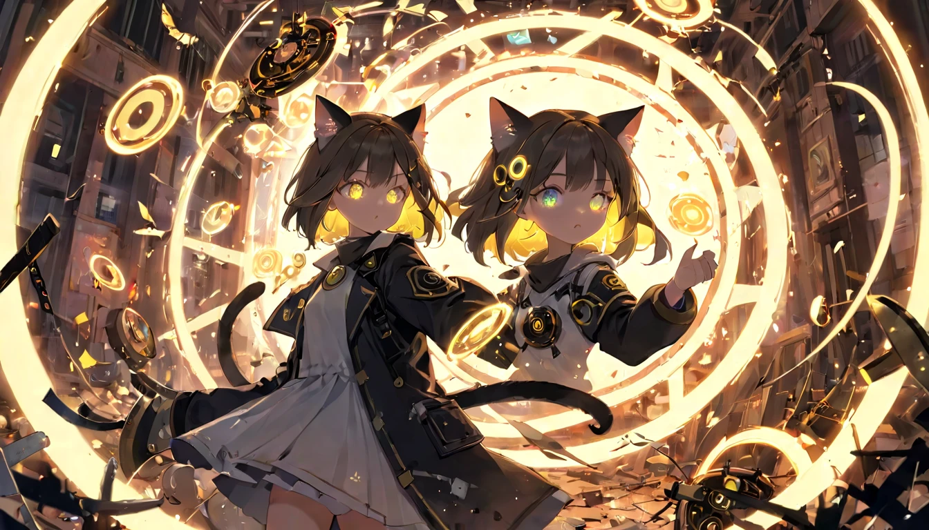 (masterpiece, best quality, very aesthetic, absurdres,general) ,(1girl:2), destroy,Cat ear,clear eyes,artificial intelligence,Glowing magic circle,Throwing things around, (piles of mechanical junk:0.2),  (chaos:1.5)
