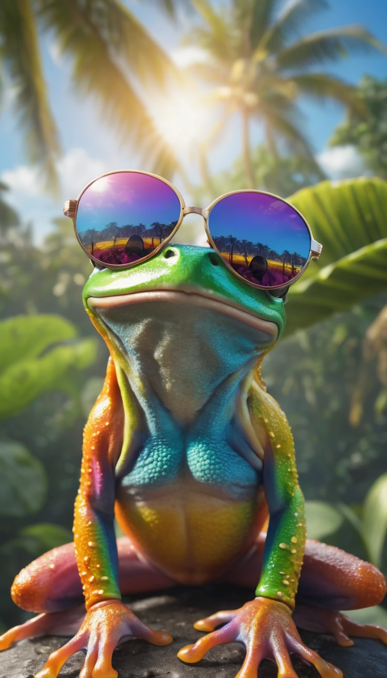 Super detailed photo of a rainbow colored frog wearing sunglasses under a tropical sky, daytime,|photographique, Realism is pushed to the extreme, Delicate texture, Lifelike, Movie, large format camera, Photorealism, DSLR camera, 8k ultra high definition, HDR, Super detailed, high quality, High contrast