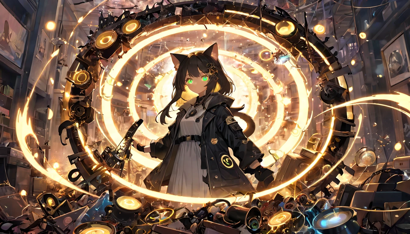 (masterpiece, best quality, very aesthetic, absurdres,general) , destroy,Cat ear,clear eyes,artificial intelligence,Glowing magic circle,Throwing things around, (piles of mechanical junk:0.2), junk, (chaos:2.5),woman