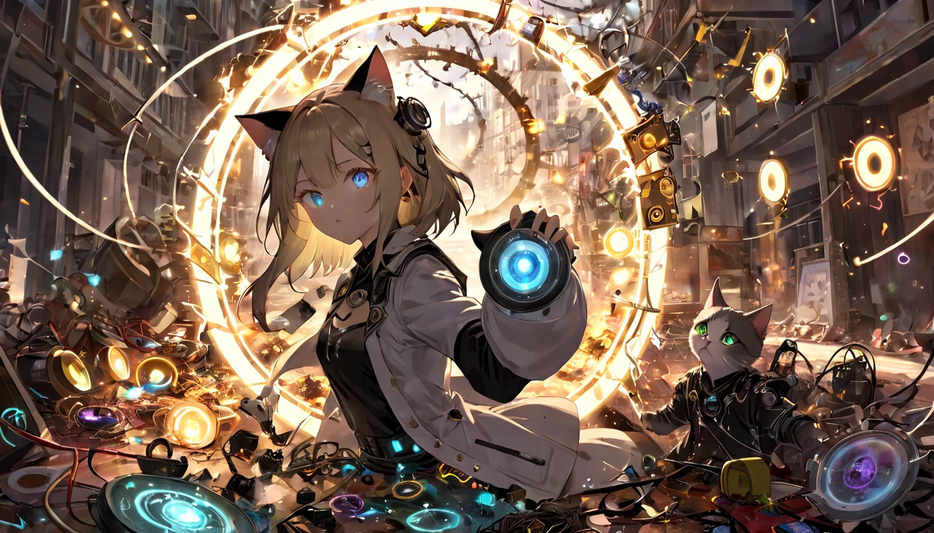 (masterpiece, best quality, very aesthetic, absurdres,general) , destroy,Cat ear,clear eyes,artificial intelligence,Glowing magic circle,Throwing things around, (piles of mechanical junk:0.2), junk, (chaos:2.5),woman