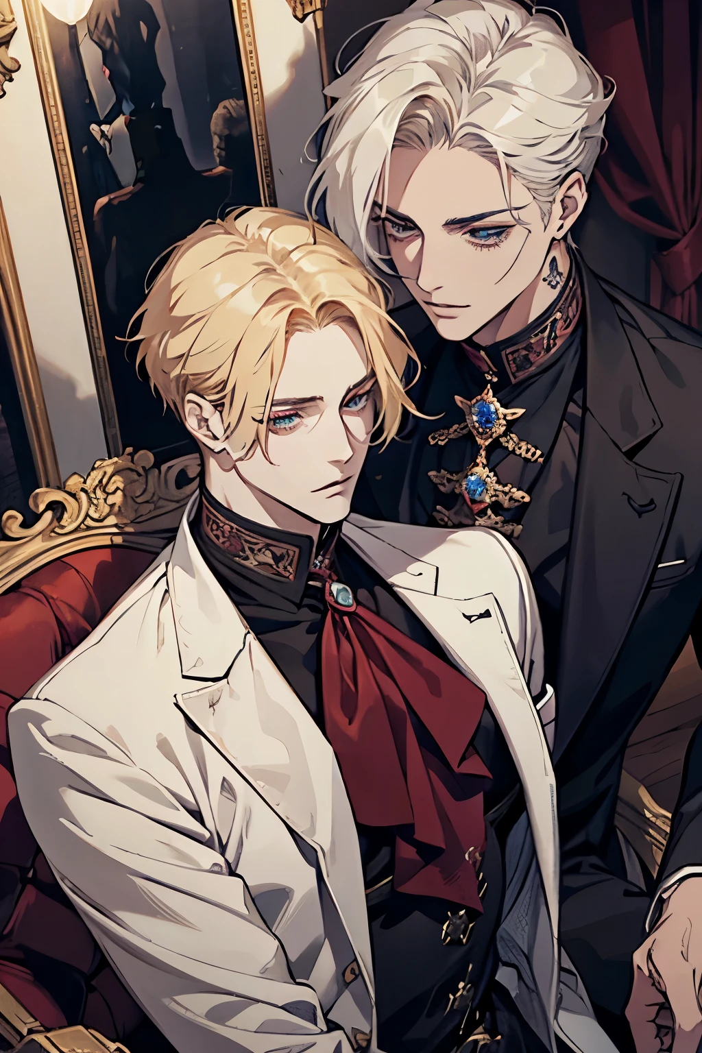 anime, corpo todo, um homem com longos cabelos loiros e um casaco verde, alucard, Castelvânia, handsome androgynous prince, magical blonde prince, delicate androgynous prince, handsome vampiro masculino, arte casimiro, anime homem bonito, Arte principal do anime, O vampiro, capa selvagem, johan liebert misturado com alucard, vampiro masculino, olhos vermelhos, rosto masculino detalhado de 30 anos