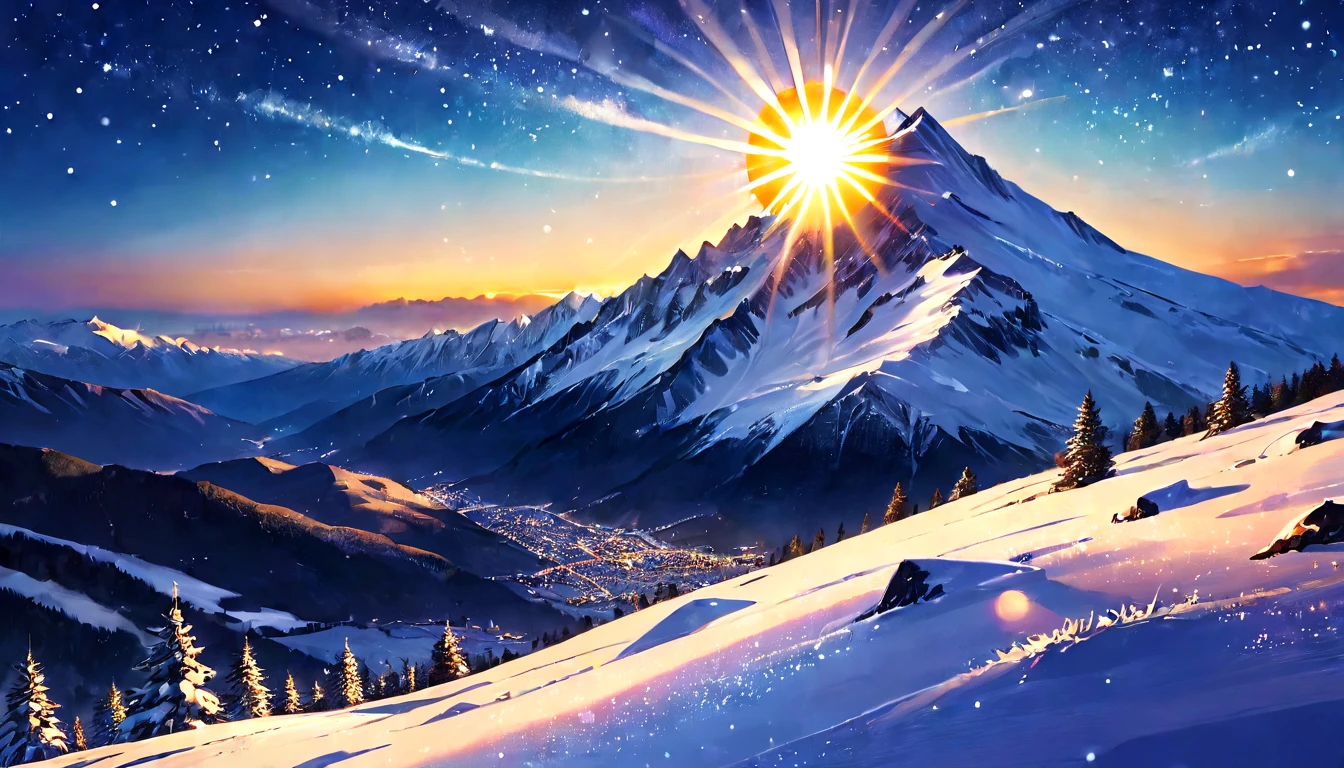 (masterpiece, best quality, very aesthetic, absurdres,general),Landscape with ling stars at night, snow on the top of the mountain,(sun:2)