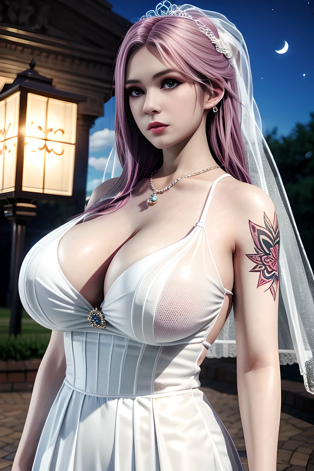 1 girl,standing posture,((  Short Wedding Dress, see-through)), outdoor,elegant,nighttime,moonlighe,shiny skin,( huge breasts:1.1), lip gloss,( tattoos:1.3), masterpiece, best quality, realistic ,Surrealism,,Rich artistic colors, 8K,soft shadows,Portrait art,solo,  elise,